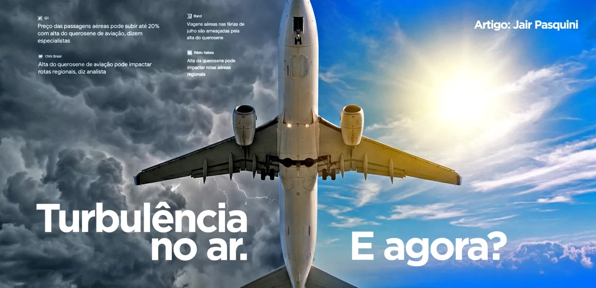 Avião voando entre tempestade e céu claro, ilustrando a dualidade de desafios e oportunidades no turismo brasileiro diante do aumento de passagens aéreas