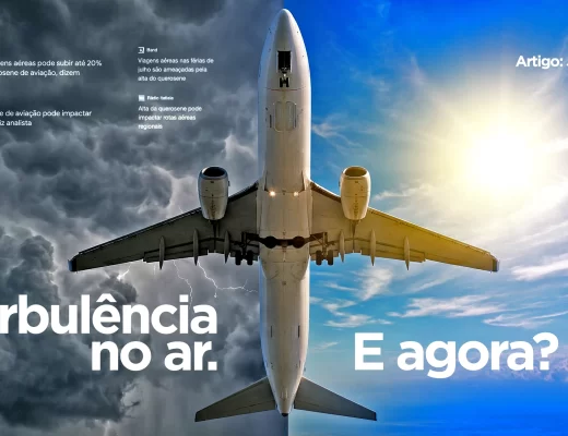 Avião voando entre tempestade e céu claro, ilustrando a dualidade de desafios e oportunidades no turismo brasileiro diante do aumento de passagens aéreas