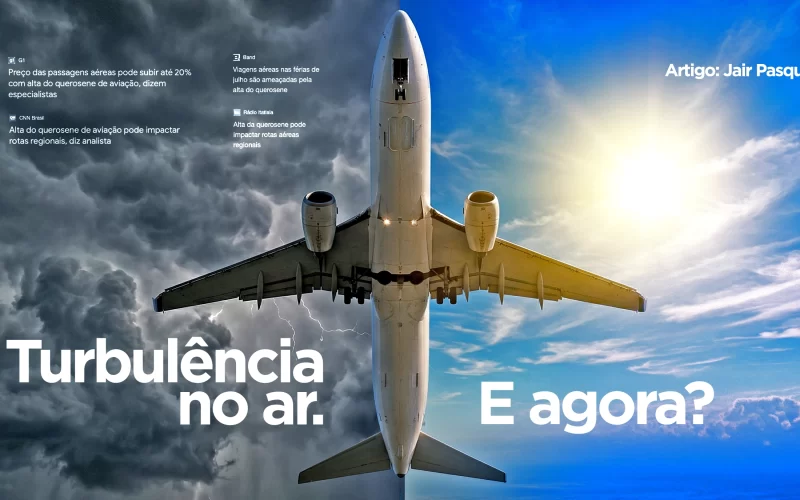 Avião voando entre tempestade e céu claro, ilustrando a dualidade de desafios e oportunidades no turismo brasileiro diante do aumento de passagens aéreas